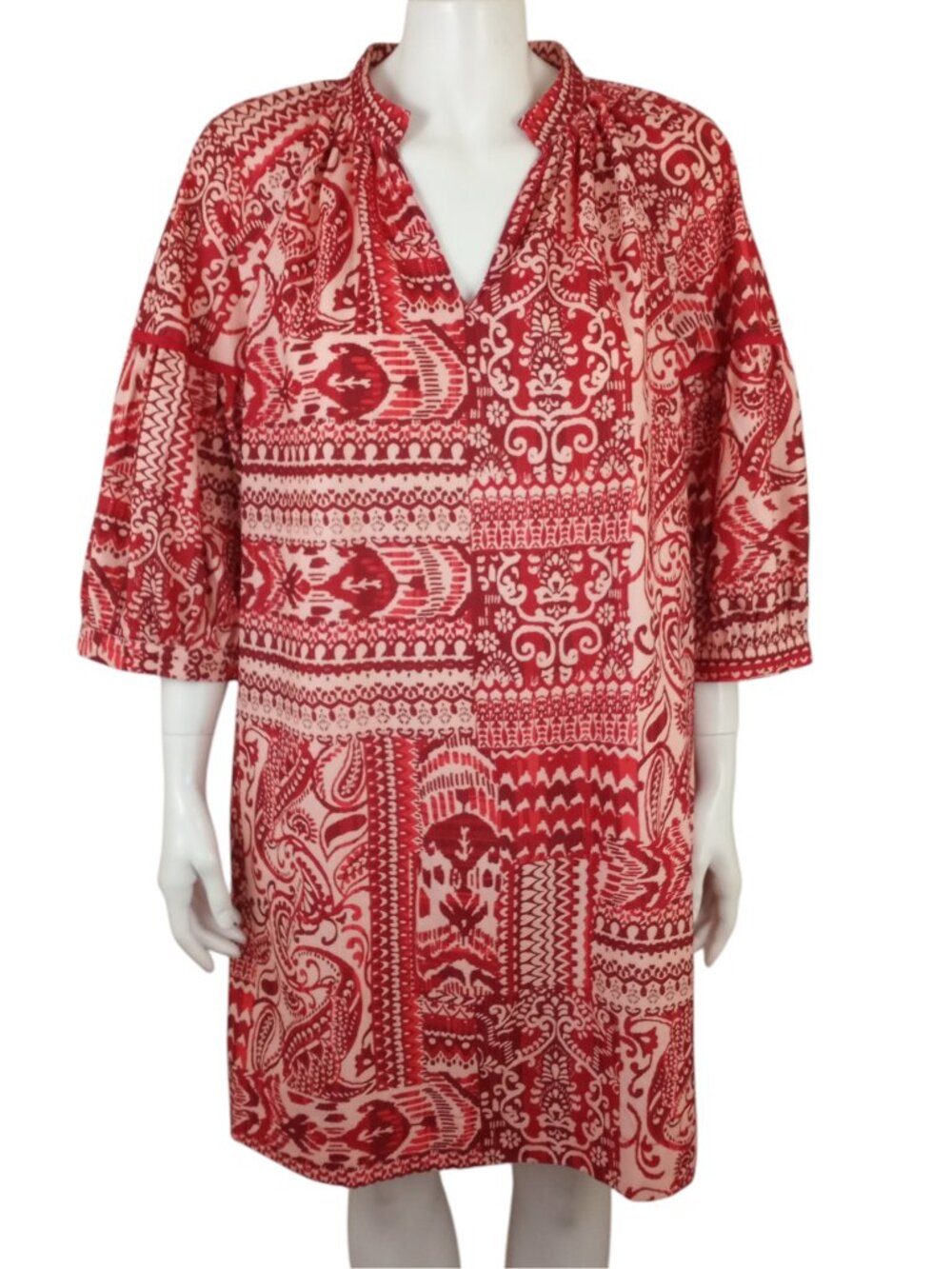 Joy Joy Red Geo Print Shift Dress Womens L V-Neck 3/4 Raglan Sleeve Knee Length